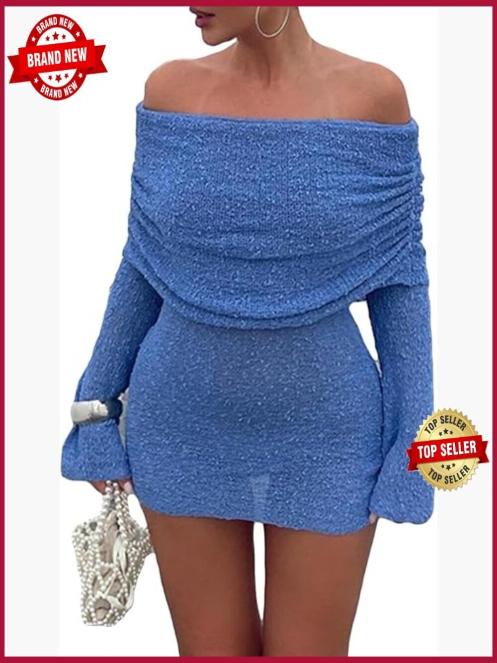 Off Shoulder Mini Bodycon Dress Long Sleeve Crochet Mesh Going Out Sweater Dress